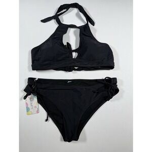 Lomitti Black Women's Swimsuit Mid Waisted Bikini Summer Beach 2 Piece Sz Medium